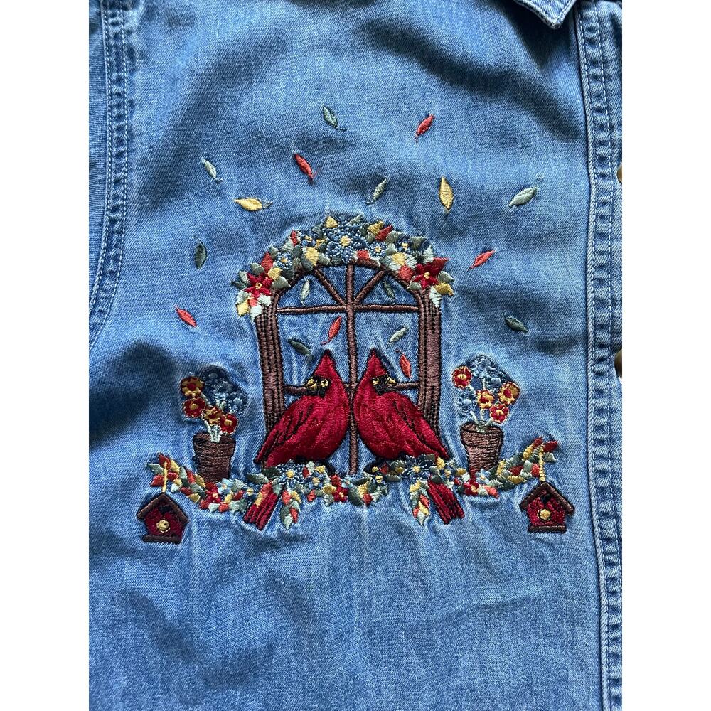 Vintage Chambray Womens Cardinal Birdhouse Denim Shirt Size Small Cotton Farm - Picture 5 of 9